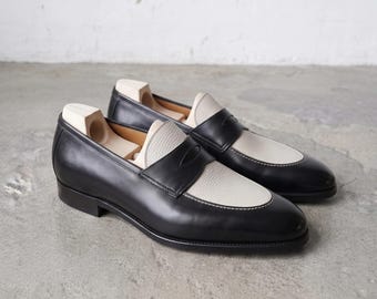 Mocassins Penny bicolores faits main, chaussures habillées en cuir noir et blanc