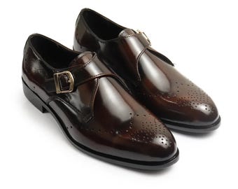 Maßgeschneiderte Herren Echtleder Handmade Braun Leder Single Monk Strap Schuhe