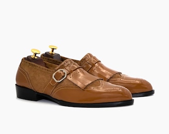 Handmade Tan Leather Kiltie Monk Strap Shoes for Men Wingtip Brogue Dress Shoes