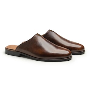 Handgefertigte Braune Leder Mule Hausschuhe für Männer - Backless Loafers Slip On Lederschuhe
