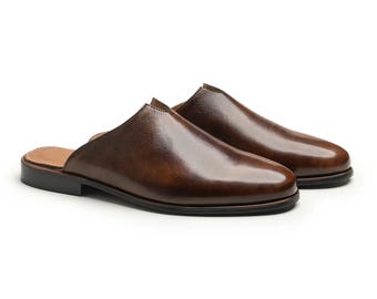 Handmade Brown Leather Mule Slippers for Men - Backless Loafers Slip On Leather Shoes