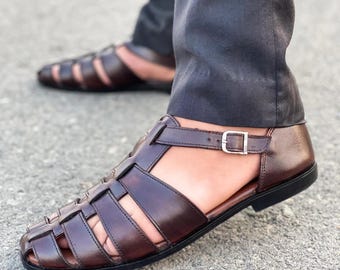 Sandales de pêcheur en cuir pour homme, sandales d'été, sandales marron à bride arrière, sandales marocaines artisanales, cuir de veau tanné végétal, cadeau