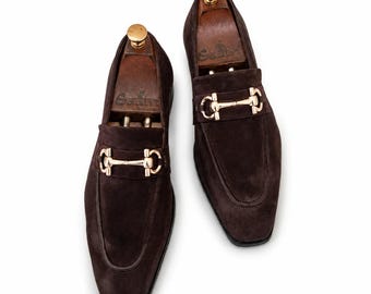Brown Suede Horsebit Loafers Handmade Leather Slip On Dress Shoes for Men