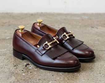 Handmade burgundy Leather Kiltie Fringe Bit Loafers for Men | Luxury Slip-On Dress Shoes