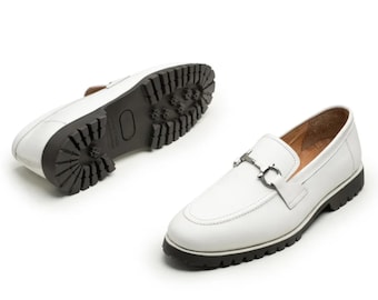 Handmade White Leather Horse Bit Loafers - Chunky Sole Slip-Ons