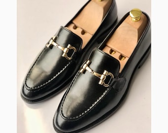 Mocassins à mors en cuir noir faits main pour homme | Chaussures habillées de luxe en cuir véritable | Chaussures de cérémonie pour mariage ou bureau