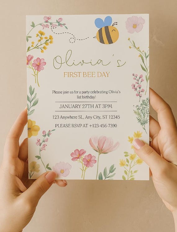First Bee Day, 1st Birthday Party Invitation Template, Editable Party Invitation, Floral Birthday Invitation