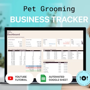 May include: A laptop screen displays a "Pet Grooming Business Tracker" dashboard with financial data and upcoming appointments. A fluffy, light brown dog sits to the right. The image includes the text "YouTube Tutorial" and "Automated Google Sheet."