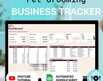 Modèle de comptabilité Google Sheets pour les toiletteurs d'animaux de compagnie | Suivez les revenus, les dépenses, les clients, les rendez-vous, les factures