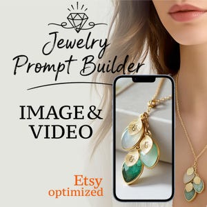 Google Sheets automation tool that helps jewelry sellers create professional AI product mockup prompts in seconds.
Jewelry prompt builder showing options for model close-up photos, styled flat lays, and short-form reel video ideas.
AI generator template for jewelry brands to create elegant product photography prompts for Midjourney and DALL-E.
Digital download jewelry marketing tool for Etsy shop owners, handmade designers, and small business sellers.