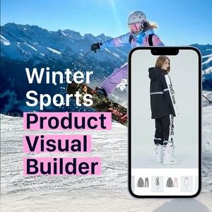 May include: A snowboarder in the mountains is shown in the background. A smartphone displays a black and white winter sports outfit with the text "NEED CITRA" on the sleeve and pant leg. The image also includes the text "Winter Sports Product Visual Builder".