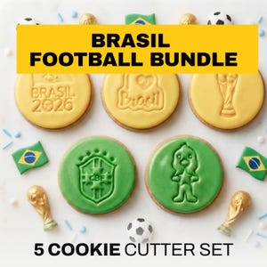 May include: A collection of five decorated biscuits with a Brazil football theme. The biscuits are yellow and green, featuring designs such as the Brazil flag, a trophy, and the text "Brasil Football Bundle" and "5 Cookie Cutter Set".