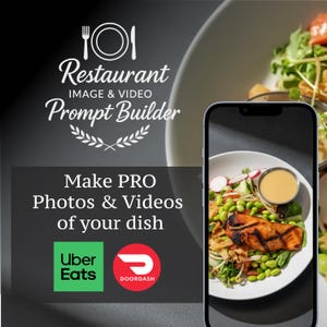 Pode incluir: Imagem que promove um gerador de prompts de imagem e vídeo de restaurante. A imagem apresenta um smartphone exibindo uma foto de comida, com o texto "Make PRO Photos & Videos of your dish". Os logotipos do Uber Eats e DoorDash também são visíveis.