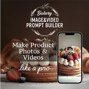 May include: An image promoting a bakery product photo and video prompt builder. The image features a layered pastry with cream and berries, a strawberry, and a blueberry. The text reads "Bakery Image & Video Prompt Builder" and "Make Product Photos & Videos like a pro."