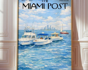 The Miami Post Magazine Cover Print, Trendy Coastal Aesthetic Poster, Nautical Blue Ocean Intrepid Boat Wall Art, Vintage Editorial Art