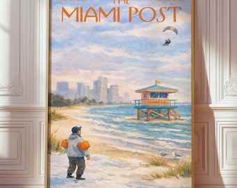 The Miami Post Magazine Cover Print, Retro Editorial Beach Scene Poster, Vintage Trendy Printable Wall Art Gift for Her, Digital Prints