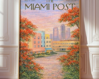 The Miami Post Magazine Cover, New Yorker Style Print, Vintage Editorial Printable Wall Art, Dorm Room & Apartment Decor, Gift for Her