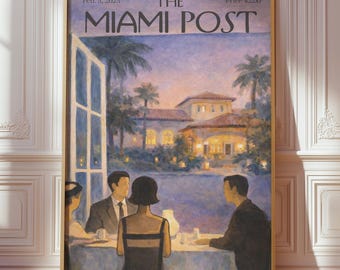 Póster vintage de portada de The Miami Post, edición Paisaje urbano nocturno, Archivo de estilo neoyorquino, Arte mural de galería retro, Decoración de arte moderno de mediados de siglo