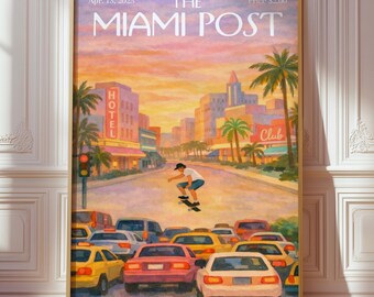 The Miami Post Magazine Cover Poster, trendige Retro-Redaktionswandkunst, Plakat für Wohnheim & Wohnung, Vintage über dem Bettdekor, bedruckbar