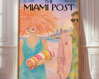 The Miami Post Magazine Cover Print, Vintage Editorial New Yorker Style Poster, Trendy Retro Printable Wall Art Gift for Her, Digital Prints