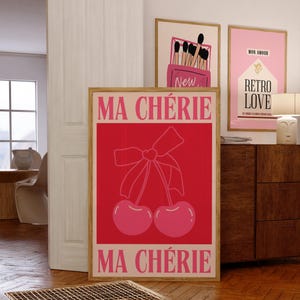 Impresión de Ma Chérie, póster de Mon Chéri, póster de cereza, arte mural de cereza, arte imprimible, arte mural rosa y rojo, decoración retro de los años 70, arte mural moderno