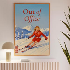 Póster retro de après ski, arte mural vintage de invierno, póster de esquí moderno, impresión de &quot;fuera de oficina&quot; en invierno, decoración de esquí de montaña suizo, arte vintage chic
