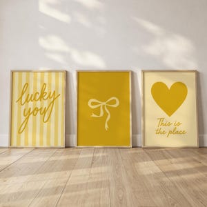 Yellow Set of 3 Wall Art Bundle, Yellow Quote Poster, Yellow Bow Wall Art, Yellow Heart Print, Trendy Yellow Wall Art Set Lemon, Printable