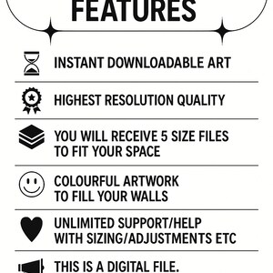May include: Black and white graphic listing the digital product features. Text includes "Instant Downloadable Art", "Highest Resolution Quality", "5 Size Files", "Colorful Artwork", and "Unlimited Support". The listing states that it is a digital file.