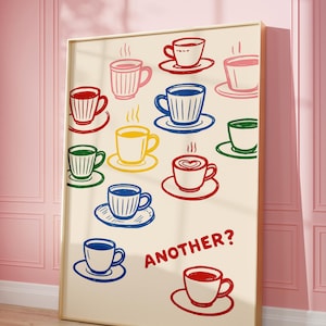 Arte mural con taza de café, impresión colorida de café, póster divertido de cafeína, decoración de barra de cocina, imprimible de bebida matutina, arte retro de cafetería