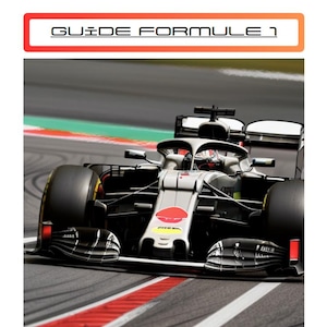 May include: A Formula 1 race car speeds around a track. The car is silver and black with a red circle emblem. The track has red and green markings, and the text "GUIDE FORMULE 1" is at the top.