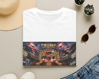 Patriotic Throne Muscle Man T-Shirt | Flag, Fireworks, Bold Graphic