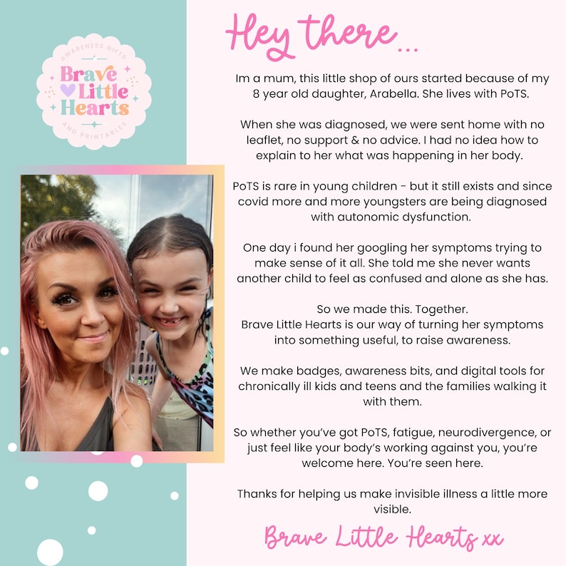 May include: A promotional image for Brave Little Hearts, featuring a photo of a woman and a young girl. The image includes text about raising awareness for invisible illnesses, with a logo and the words "Hey there..."
