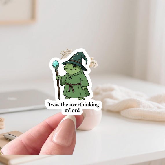Wizard Frog Overthinking Sticker – Funny Fantasy Frog Vinyl Decal, Magical Overthinker Gift, Cute Wizard Humor Sticker