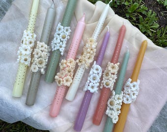 Hand Painted Floral Taper Candle – 3D Flower Accent, Modern Home Decor