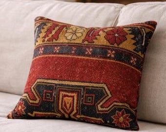 Vintage Turkish Kilim Pillow Cover 20x20 Red Boho Pillow Designer Statement Pillow Rustic Home Decor One of a Kind Rug Pillow