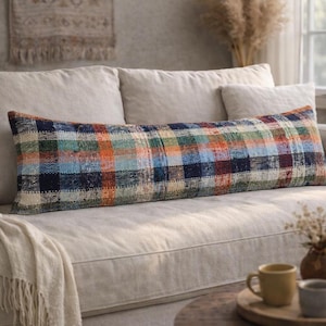 Custom Name Vintage Plaid Lumbar Pillow Cover 12x48 in – Rustic Farmhouse Boho Cushion – Neutral Earth Tone Long Decorative Throw Pillow