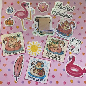 Stickerpakket Flockin' Fabulous – 14-delige seizoensset voor hamsters en flamingo's met holografische overlay