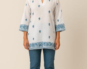 Women’s White & Blue Embroidered Cotton Top in XXL