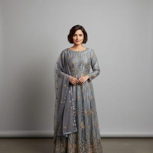 Women’s steel grey formal gown with golden embroidery and sequins in XXS