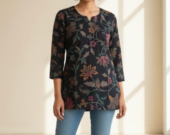 Women's Black floral printed muslin silk top in M