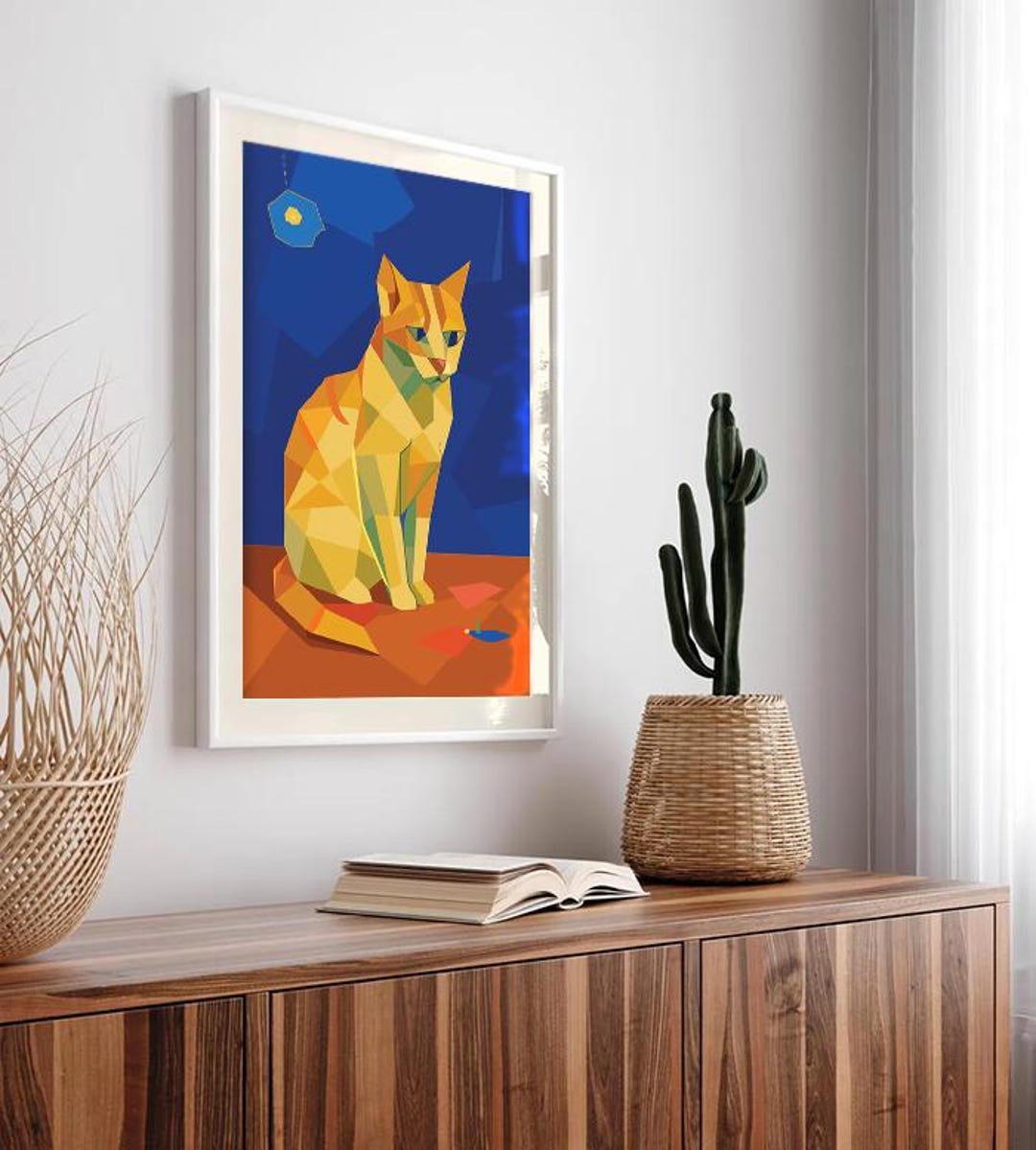 Yellow Cat | Blue Background | Animal Poster - Etsy