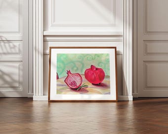 Pomegranate Watercolor Art Print: Red Fruit Still Life (Digital Download)
