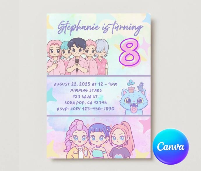 K-pop Girls Birthday Invite, K-pop Boys Party, Kawaii, Editable