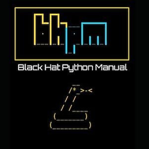 Op de afbeelding: Zwarte achtergrond met een geel en blauw geometrisch ontwerp bovenaan en een ASCII-kunst slang onderaan. De tekst "Black Hat Python Manual" staat onder het geometrische ontwerp.