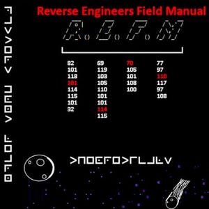 May include: Black graphic design with the text "Reverse Engineers Field Manual" and numerical data. The design includes a stylized comet, a moon, and the text "A.E.F.M." in a unique font. The bottom right corner features a cat logo.