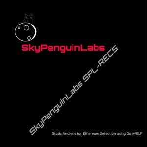 May include: Black background with white and red text. The text reads "SkyPenguinLabs" and "SkyPenguinLabs SPL-RECS". A white graphic of a penguin-like character is in the upper left corner. The text "Static Analysis for Ethereum Detection using Go w/ELF" is also present.