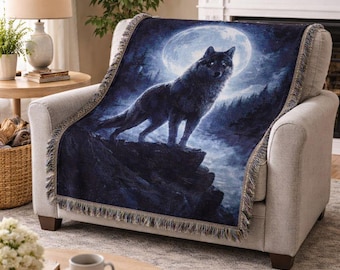 Wolf Moonlight Handwoven Cotton Blanket, Majestic Night Throw, Wilderness Art Home Decor