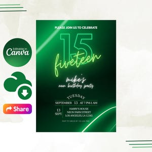 Green Neon Birthday Digital Invitation, 15th Birthday Electronic Invite, Teen Birthday Party Evite, Any Age Birthday Canva Template