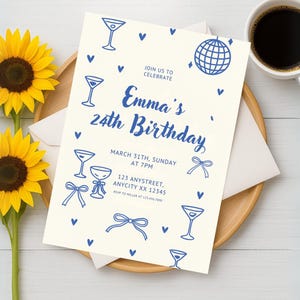 Trendy Hand-Drawn Birthday Invitation | Editable Canva Template with Doodles | Blue Cocktail & Disco Ball Design | Instant Download
