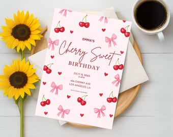 Invitación de cumpleaños con tema de cerezas, plantilla editable de Canva, invitación de cumpleaños con lazo de cerezas, fiesta de cumpleaños de niña con temática de cerezas, invitación personalizada